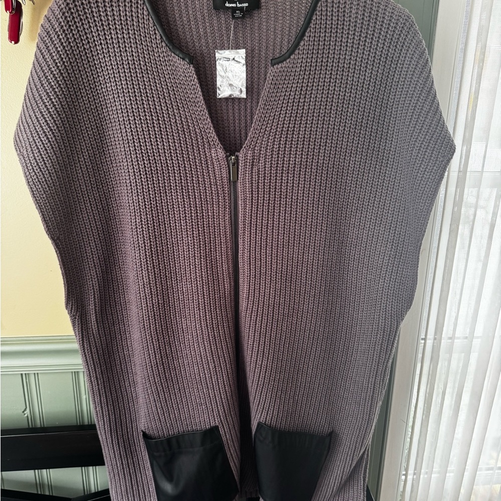 Dennis Basso Women's Textured Cardigan Vest - Lavender with Black Trim